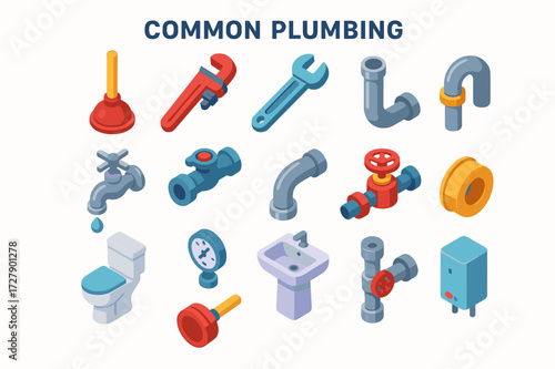 Plumbing Icons Collection. Colorful isometric vector icons set of Common Plumbing