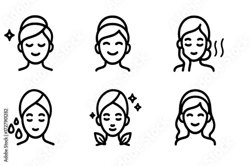 Face Care Emotions Icons. Solid, filled icon set of face care related emotions: confidence, happiness, calmness, relaxation, freshness, glow, vitality, beauty.