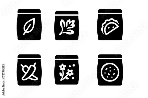 Seasoning Blends Icons. Solid, filled icon set of seasoning blends: curry powder, Italian herbs, taco seasoning, garam masala, Cajun spice, za?atar, chili