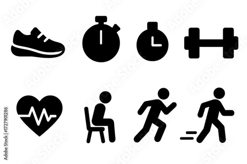 Workout Interval Icons. Solid, filled icon set of workout intervals: running shoe, stopwatch, timer, dumbbell, heart rate, rest period, sprint, warm-up. [Line