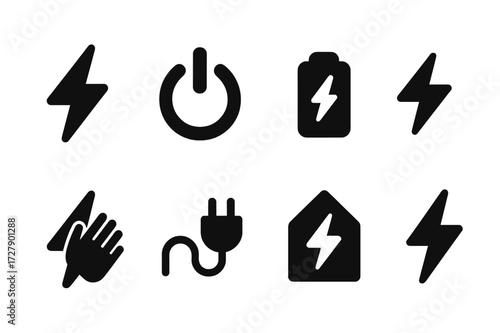 Energy Icon Grid. Solid, filled icon set of energy symbols: lightning bolt, power button, on/off switch, battery charging, electric shock, plug connected,
