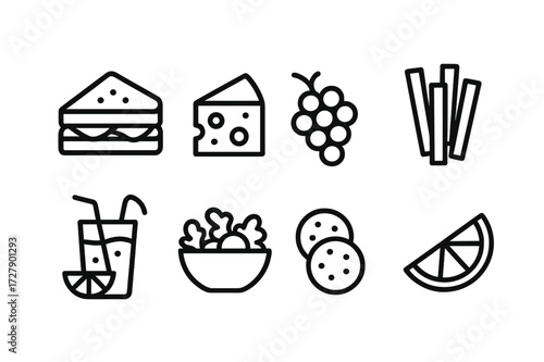 Picnic Food Icons. Outline icon set of picnic food: sandwich, cheese, grapes, carrot sticks, lemonade, salad bowl, cookies, fruit slice. Line icons in only