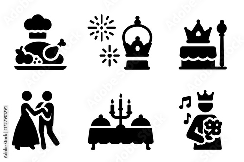 Royal Icons Set. Solid, filled icon set of queen?s celebrations and festivals: royal feast, fireworks, coronation anniversary, crown jewels display, court