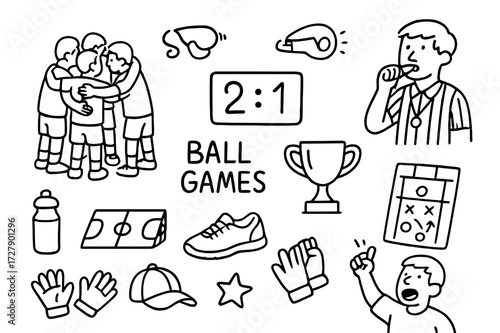 Ball Game Elements. Hand-drawn doodle illustration Ball games team huddle, referee, whistle, scoreboard, trophy, goalpost, net, field lines, sneakers, water