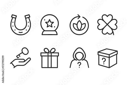 Luck Icons Collection. Outline icon set of luck related concepts: fortune, destiny, karma, chance, fate, opportunity, surprise, mystery. Line icons in only