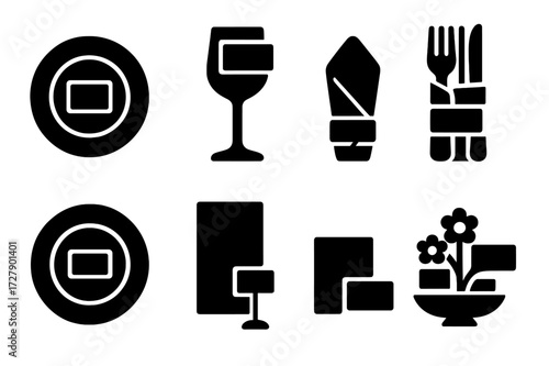 Table Setup Icons. Solid, filled icon set of table setup with place cards: dinner plate with card, wine glass with name tag, folded napkin with card, utensil