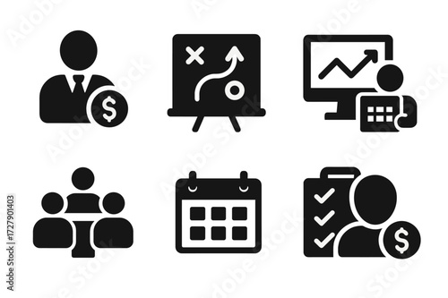 Mutual Fund Icon Set. Solid, filled icon set of mutual fund management: fund manager, strategy plan, growth chart, portfolio review, meeting, calendar,