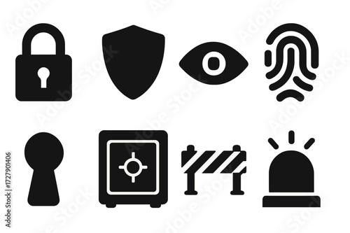 Security Icon Set. Solid, filled icon set of agency logo security: lock, shield, eye, fingerprint, keyhole, safe, barrier, alarm. [Line icons in only black