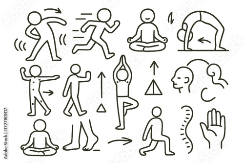 Body Movement Icons. Hand-drawn doodle illustration body movement and posture stretching figure, running figure, yoga pose, backbend, raised arm, leg lift, sit