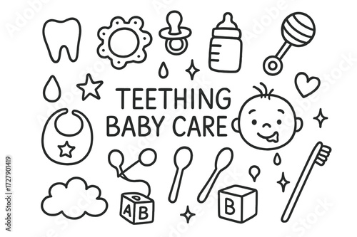 Teething Baby Essentials. Hand-drawn doodle illustration Teething baby care [tooth, teething ring, pacifier, bottle, rattle, baby face, droplet, bib, spoon,