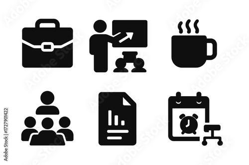 Work Calendar Icons. Solid, filled icon set of work calendar: briefcase, presentation, coffee cup, desk, team meeting, report, deadline, project plan. [Line
