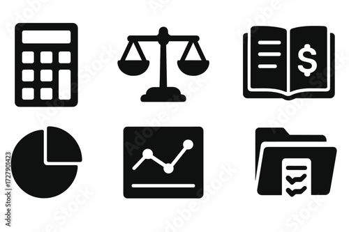 Net Worth Icons. Solid, filled icon set of net worth calculation: calculator, balance scale, dollar sign, ledger book, pie chart, line graph, checklist,