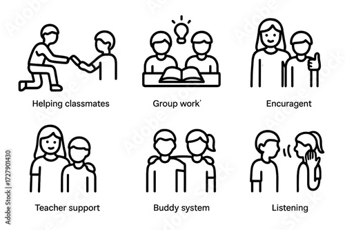 Kindness School Icons. Outline icon set of kindness in school: helping classmates, sharing supplies, group work, encouragement, teacher support, buddy system,
