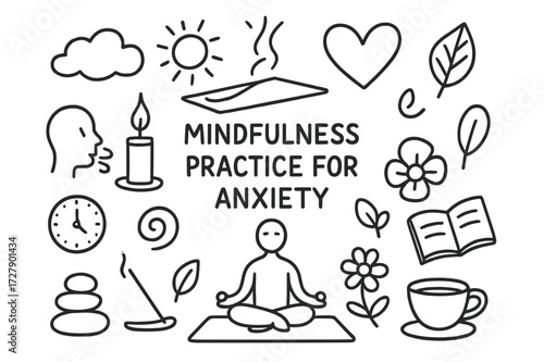 Mindfulness Symbols Doodle. Hand-drawn doodle illustration Mindfulness practice for anxiety [yoga mat, lotus pose figure, candle, incense stick, cloud, sun,