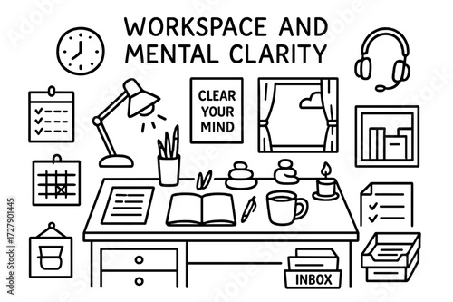 Workspace Clarity Doodle. Hand-drawn doodle illustration [workspace and mental clarity] [clean desk, task list, calendar, lamp, open window, pen cup, zen