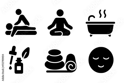 Wellness Icon Set. Solid, filled icon set of gentle wellness and relaxation: massage, meditation, bath tub, tea cup, essential oil, spa stone, yoga mat, calm