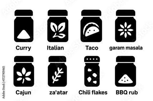 Seasoning Blends Icons. Solid, filled icon set of seasoning blends: curry powder, Italian herbs, taco seasoning, garam masala, Cajun spice, za?atar, chili