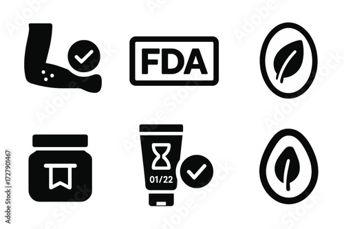 Safety and Quality Icons. Solid, filled icon set of salve safety and quality: allergy test, FDA approved, organic label, quality check, sealed package, expiry