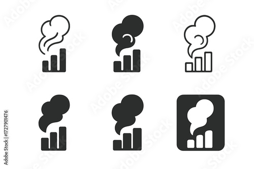 Carbon Emissions Logos. Carbon emissions growth. Set Logo of carbon emissions growth: Rising smoke plume. harmonious logo variations of the same emblematic