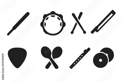 Musical Instruments Icons. Solid, filled icon set of twirl musical instruments: baton, tambourine, drumsticks, violin bow, guitar pick, maracas, flute,