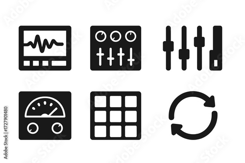 Audio Editing Icons. Solid, filled icon set of waveform editing software: DAW, audio editor, plugin, mixer, equalizer, compressor, sampler, loop tool. Solid,