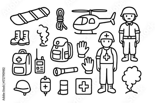 Rescue Gear Doodles. Hand-drawn doodle illustration evacuation and rescue stretcher, rope, helicopter, soldier, medic, backpack, boots, helmet, gloves, radio,