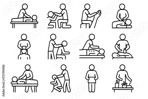 Holistic Massage Icons. Holistic massage. Line icon set of holistic massage: therapist giving back massage, therapist giving foot massage, therapist giving
