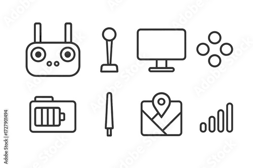 Drone Control Icons. Outline icon set of drone control equipment: handheld remote, joystick, display screen, control buttons, battery indicator, antenna, GPS