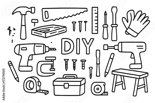 DIY Woodworking Tools. Hand-drawn doodle illustration DIY woodworking hammer, saw, nails, wood plank, ruler, screwdriver, drill, screws, chisel, workbench,