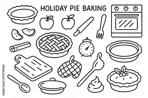 Holiday Pie Baking Doodle. Hand-drawn doodle illustration [holiday pie baking] [pie crust, apples, rolling pin, fork, pie dish, cinnamon stick, oven, timer,