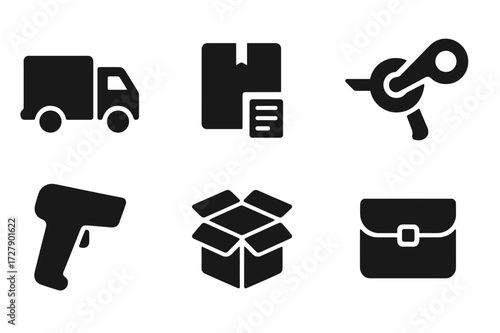 Logistics Icon Set. Solid, filled icon set of logistics package: delivery truck, parcel box, shipping label, tape dispenser, barcode scanner, open package,
