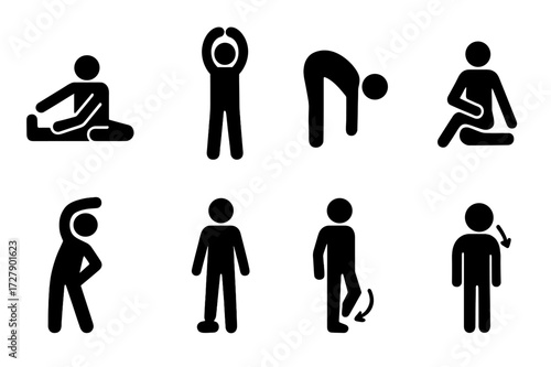 Cool Down Icon Set. Solid, filled icon set of cool down postures: seated stretch, standing stretch, forward bend, spinal twist, side stretch, calf raise, ankle