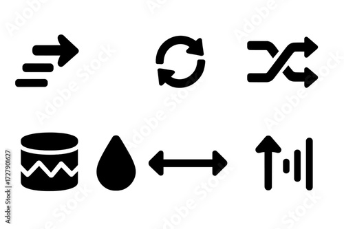 Musical Tempo Icons. Solid, filled icon set of tempo effects: speed up, slow down, repeat, shuffle, rhythm pattern, beat drop, time stretch, pitch shift.