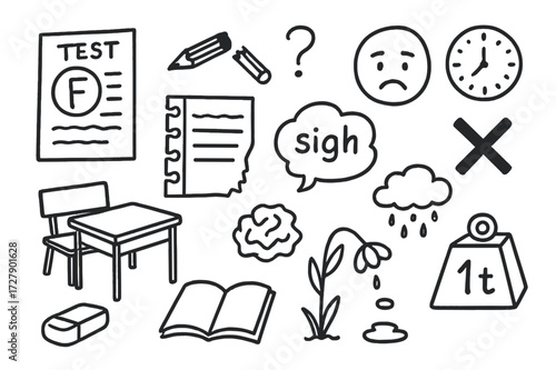 Academic Disappointment Icons. Hand-drawn doodle illustration academic disappointment test paper with F grade, broken pencil, torn notebook, frown face,