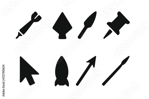 Arrow Icons Collection. Solid, filled icon set of arrow-shaped objects: dart, arrowhead, spear tip, pushpin, cursor pointer, rocket tip, harpoon, javelin.