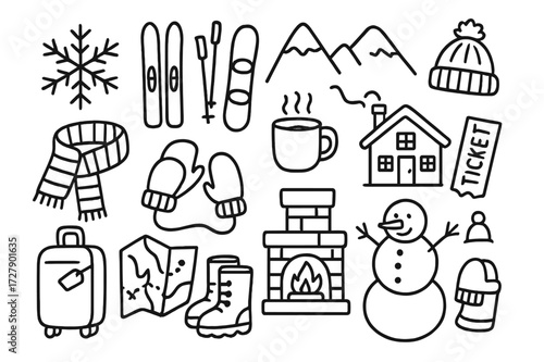 Winter Holiday Essentials. Hand-drawn doodle illustration Winter holiday snowflake, skis, snowboard, mountain, lodge, hot cocoa, scarf, mittens, suitcase, map,