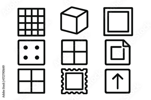 Geometric Doodle Icons. Hand-drawn doodle illustration square geometric square, grid lines, cube, square frame, four dots, symmetry icon, puzzle square, square