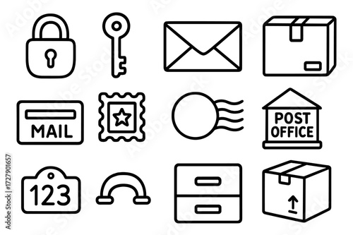 Secure Mail Icons. Hand-drawn doodle illustration Secure mail storage lock, padlock, key, envelope, letter, package, post office building, number plate, star,