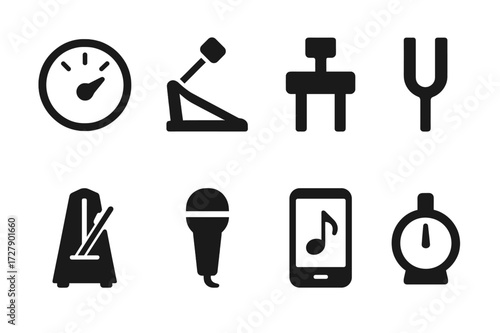 Timpani Tuning Icons. Solid, filled icon set of timpani tuning tools: tuning gauge, pedal, drum key, tuning fork, metronome, microphone, tuner app, drum dial.