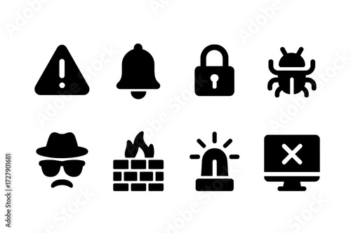 Security Alert Icons. Solid, filled icon set of security alerts: warning triangle, alert bell, lock breach, malware warning, suspicious activity, firewall