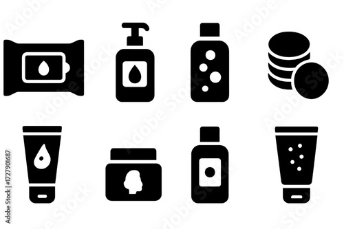 Makeup Removal Icons. Solid, filled icon set of makeup removal: makeup wipes, cleansing oil, micellar water, cotton pads, facial cleanser, makeup remover balm,