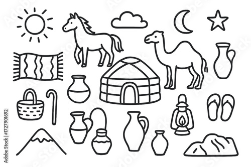 Nomadic Lifestyle Icons. Hand-drawn doodle illustration Nomadic lifestyle tent, horse, camel, rug, pot, lantern, water jug, basket, staff, sandals, sun, moon,