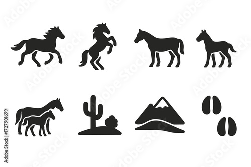 Wild Horse Icons. Solid, filled icon set of wild horses: mustang, stallion, mare, foal, herd, desert, mountain, hoofprints. Solid, filled icons in only black