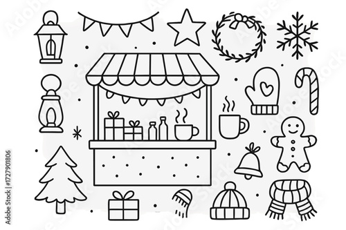 Winter Market Icons. Hand-drawn doodle illustration Winter market stalls stall, lantern, garland, star, wreath, snowflake, mitten, hot cocoa cup, candy cane,