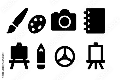 Creative Portfolio Icons. Solid, filled icon set of creative portfolio: paintbrush, camera, palette, sketchbook, easel, pencil, color wheel, canvas. [Line