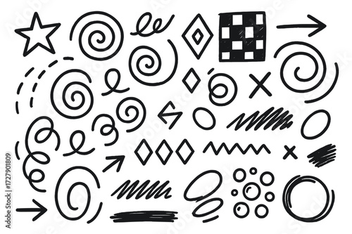 Abstract Doodle Patterns. Hand-drawn doodle illustration Abstract Patterns stars, swirls, checkerboards, diamonds, arrows, loops, spirals, dashed lines, broken
