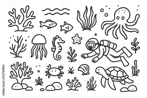 Coral Reef Doodle. Hand-drawn doodle illustration [Coral reef study] [coral, fish, seaweed, octopus, starfish, seahorse, crab, jellyfish, shell, algae, diver,