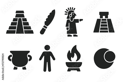 Ancient Ritual Icons. Solid, filled icon set of ancient sacrificial practices: pyramid altar, obsidian blade, sun priest, sacred steps, ritual vessel, human