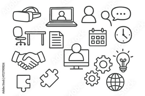 Hybrid Meeting Doodles. Hand-drawn doodle illustration hybrid meetings VR headset, laptop, smartphone, avatar, desk, chair, speech bubble, document, calendar,