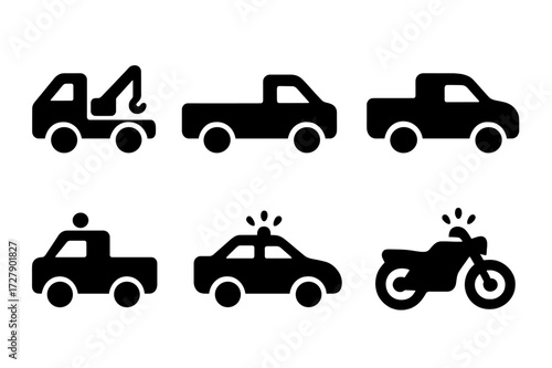 Repo Vehicles Icons. Solid, filled icon set of repo vehicles: tow truck, flatbed truck, pickup truck, van, recovery vehicle, police car, motorcycle, car with